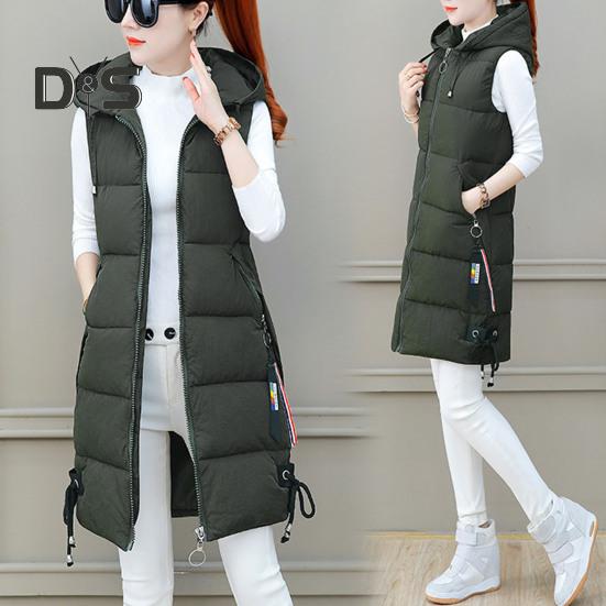 Fall Winter Cotton Vest Coat Mid Length Thickened Padded Sleeveless Zip Up Zipper Closure Drawstring Hooded Windproof Heat Retention Lady Waistcoat