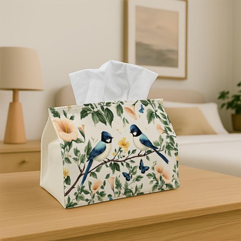 1pc Romantic Botanical Illustration Tissue Box-Bird Floral Branch,Durable Napkin Organizer for ,Kitchen,Dining,Home Decor-Decorative Tabletop Party Ti