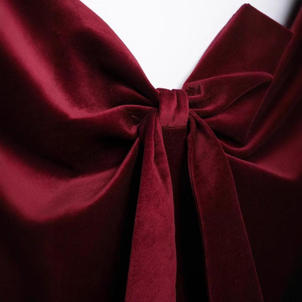 2024 Burgundy Velvet Sleeveless Top with Bow - European and American Winter Fashion Women's Clothing
