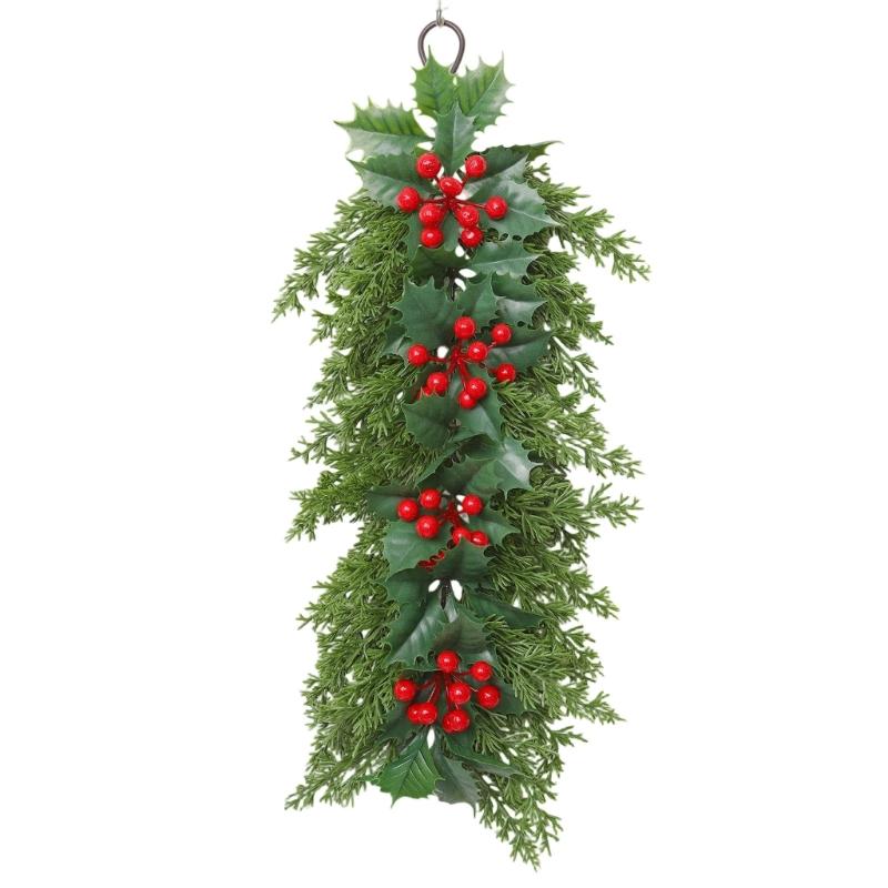 Indoor Seasonal Wall Decoration for Christmas Display with Artificial Plant Red Fruit Detail and Hanging Loop Placement Use