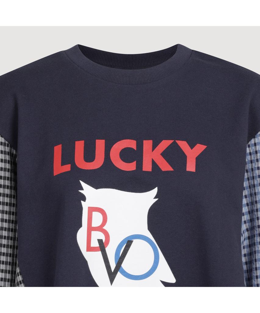 LUCKY CHOUETTE Checkered Sleeve Mix Long-Sleeved T-Shirt (Dark Navy) Lftas25195Nyd