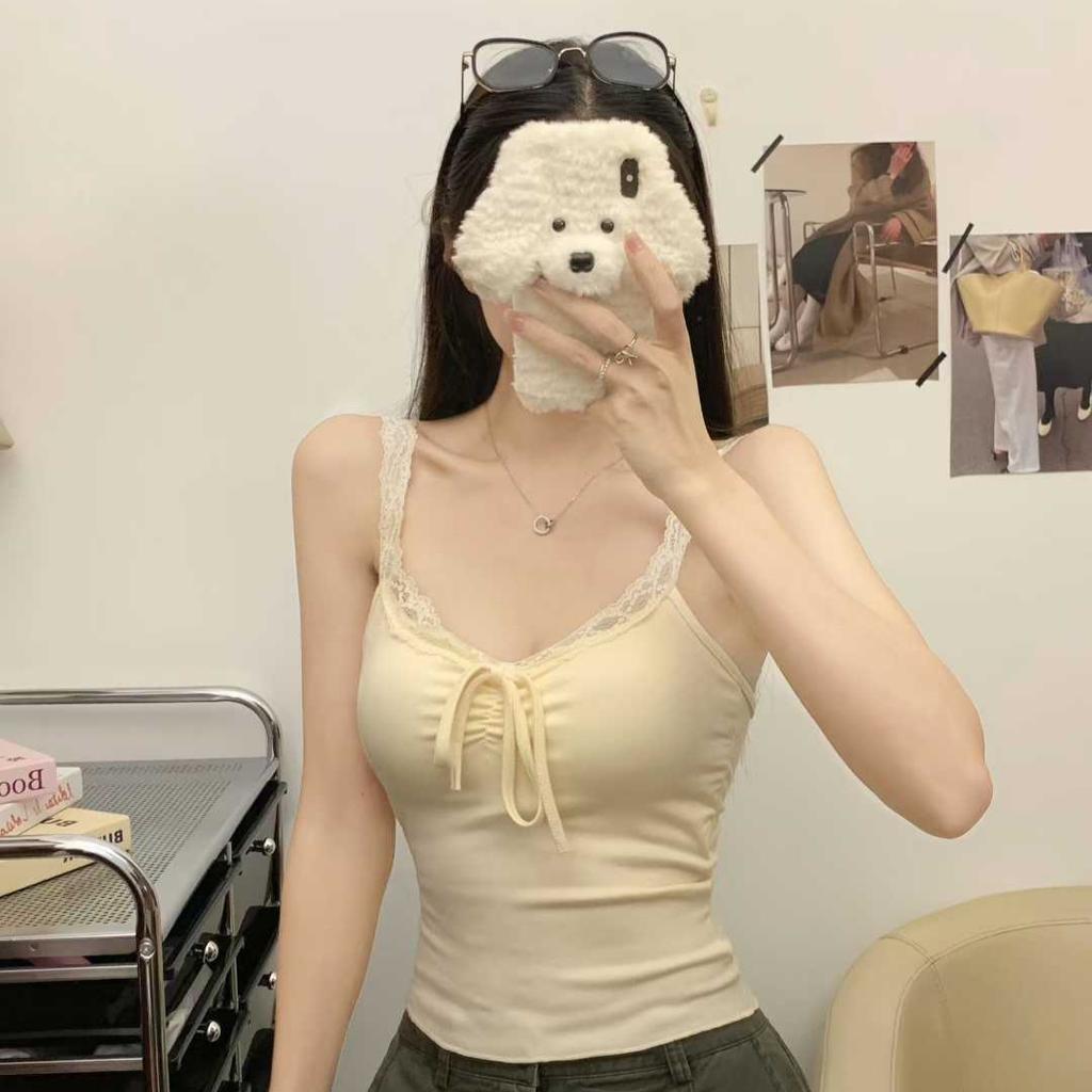 #Early autumn new sweet polished V-neck lace splicing bow sling slim fixed with chest pad