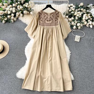 Sukienki z haftem vintage Wiosna Nowa sukienka z krótkim rękawem dla kobiet Y2k Średniej długości luźna sukienka Vestidos Mujer dla kobiet