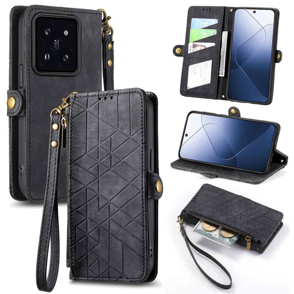 For Xiaomi 14T Pro Zipper Wallet Case Geometry Lines Leather Phone Cover with Strap