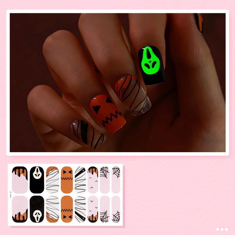 1 Arkusz Naklejki na Paznokcie na Halloween Wodoodporne Europejskie i Amerykańskie Kreskówkowe Dziecięce Słodkie Bez Pieczenia Nocne Światło Ozdoba Paznokci