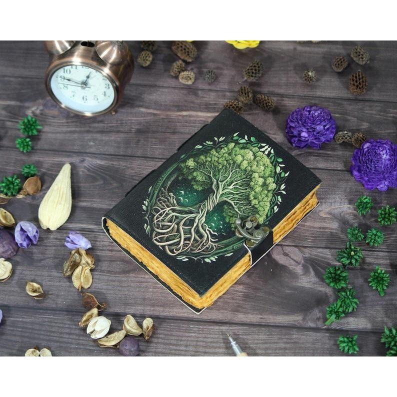 Tree of Life Leather Journal: Handmade Deckle Edge Grimoire with Vintage Lock