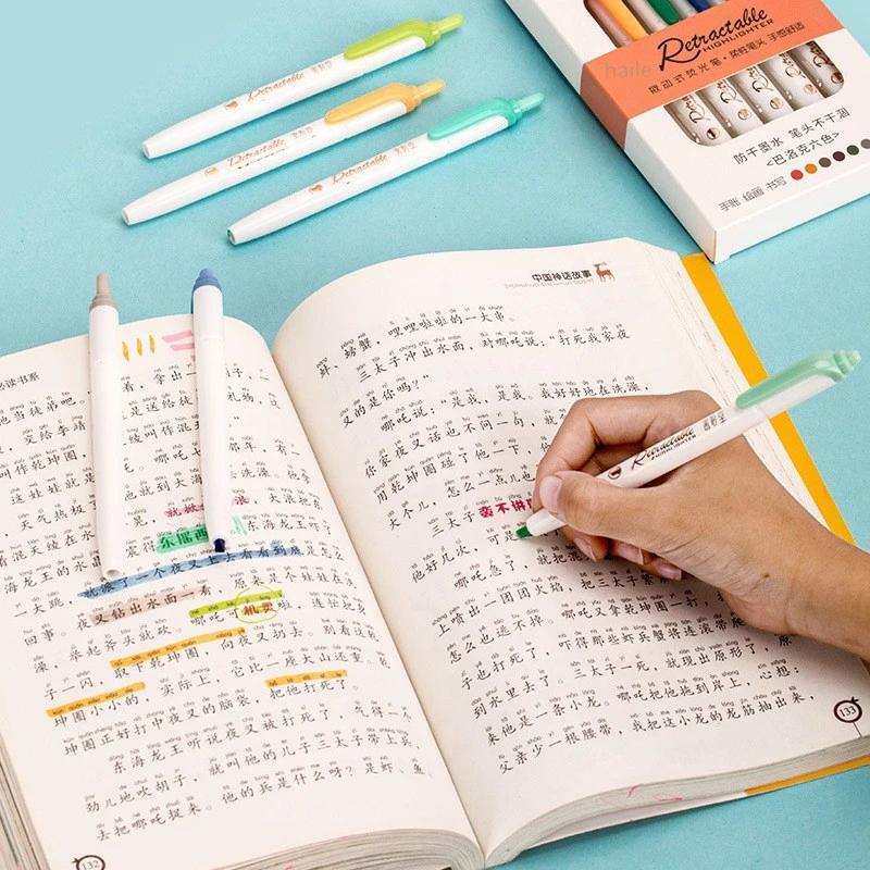 6Colors/set Morandi Retractable Highlighters Fluorescent Pen Manga Markers for Drawing Doodling Coloring Kawaii Stationery