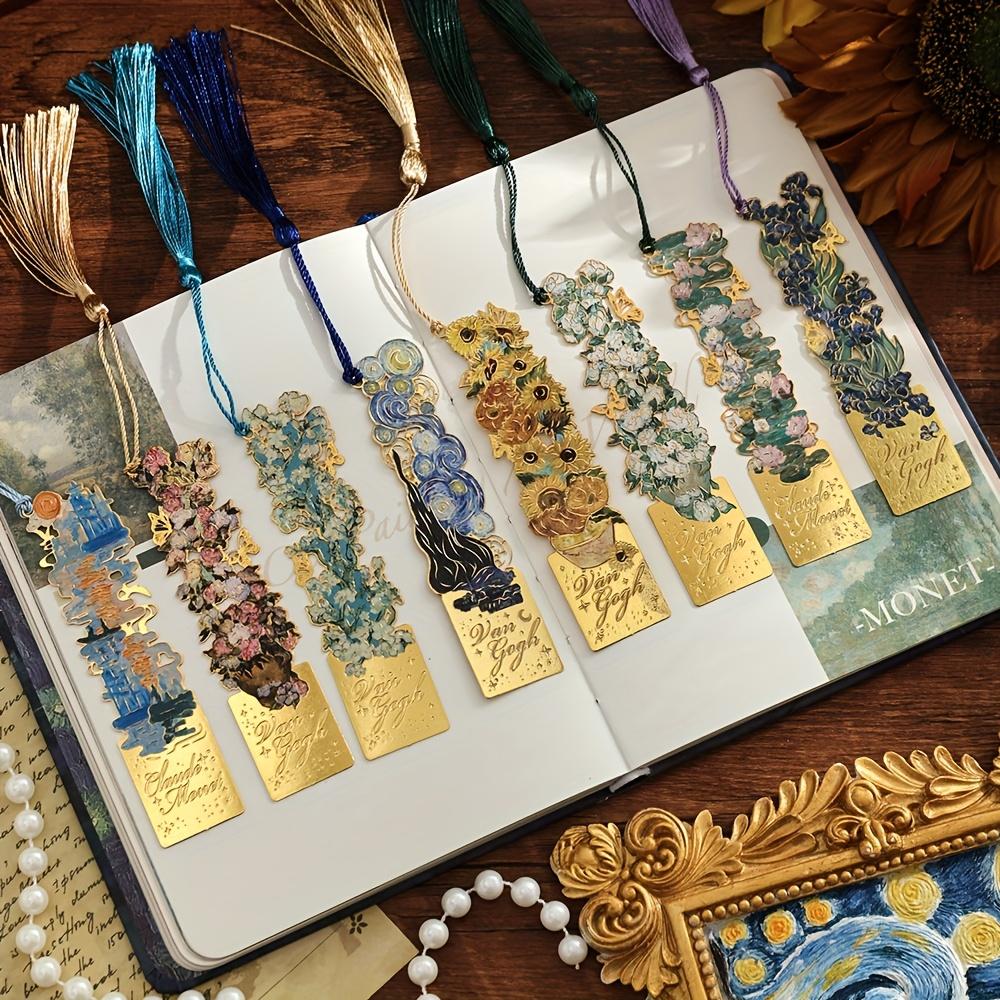 1pc Van Gogh Inspired Golden Hollow Metal Bookmark Artistic Oil Painting Design with Tassel, 8 Unique Window Shapes for Book Lovers