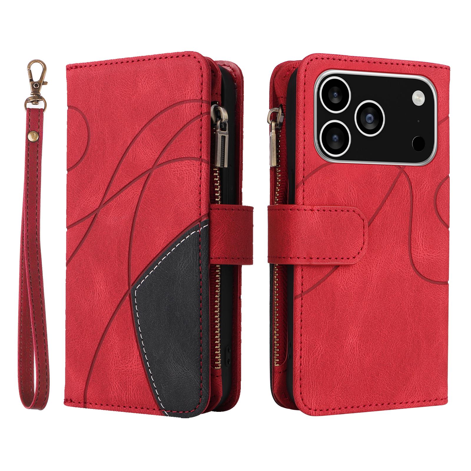 

For iPhone 17 Pro Leather Case with Strap Zipper 9 Card Slot Phone Cover Stand Red