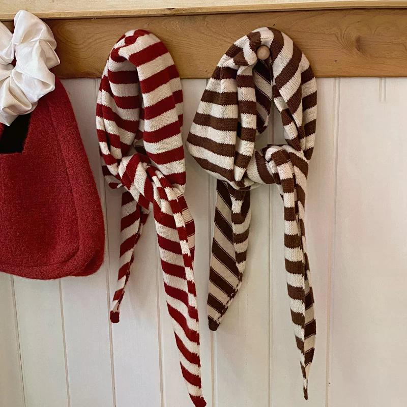 Striped Triangle Scarf Women's Autumn And Winter Knitted Small Scarf Fashionable Warm Versatile Neck Protection Scarf Shawl