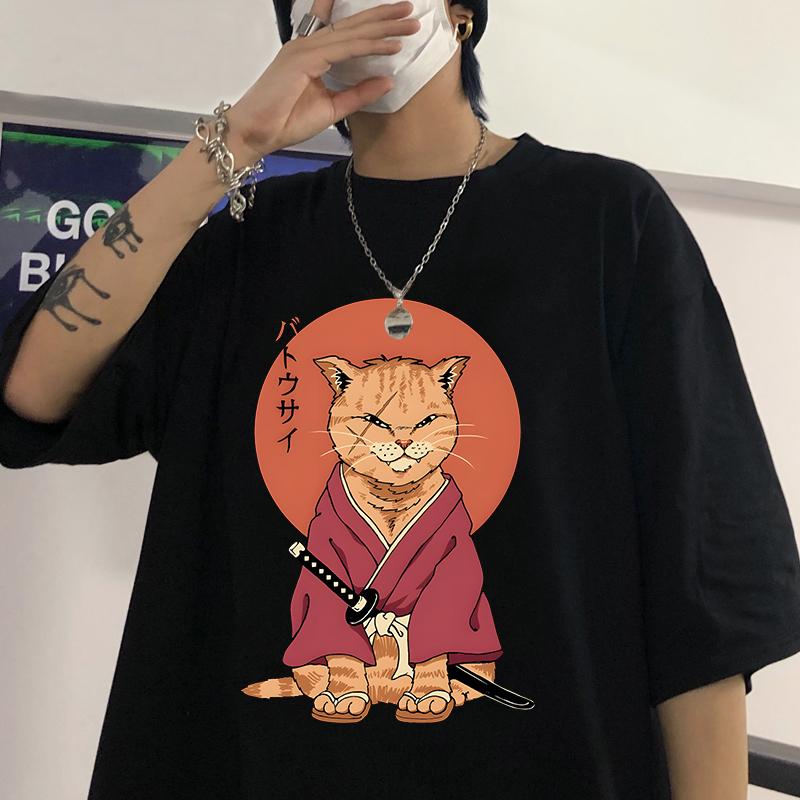 100% Cotton Tshirt Samurai Cat T Shirt Graphic Tees Mens Streetwear Spring and Summer O-neck T-shirt Cartoon Printing Tees-shirt