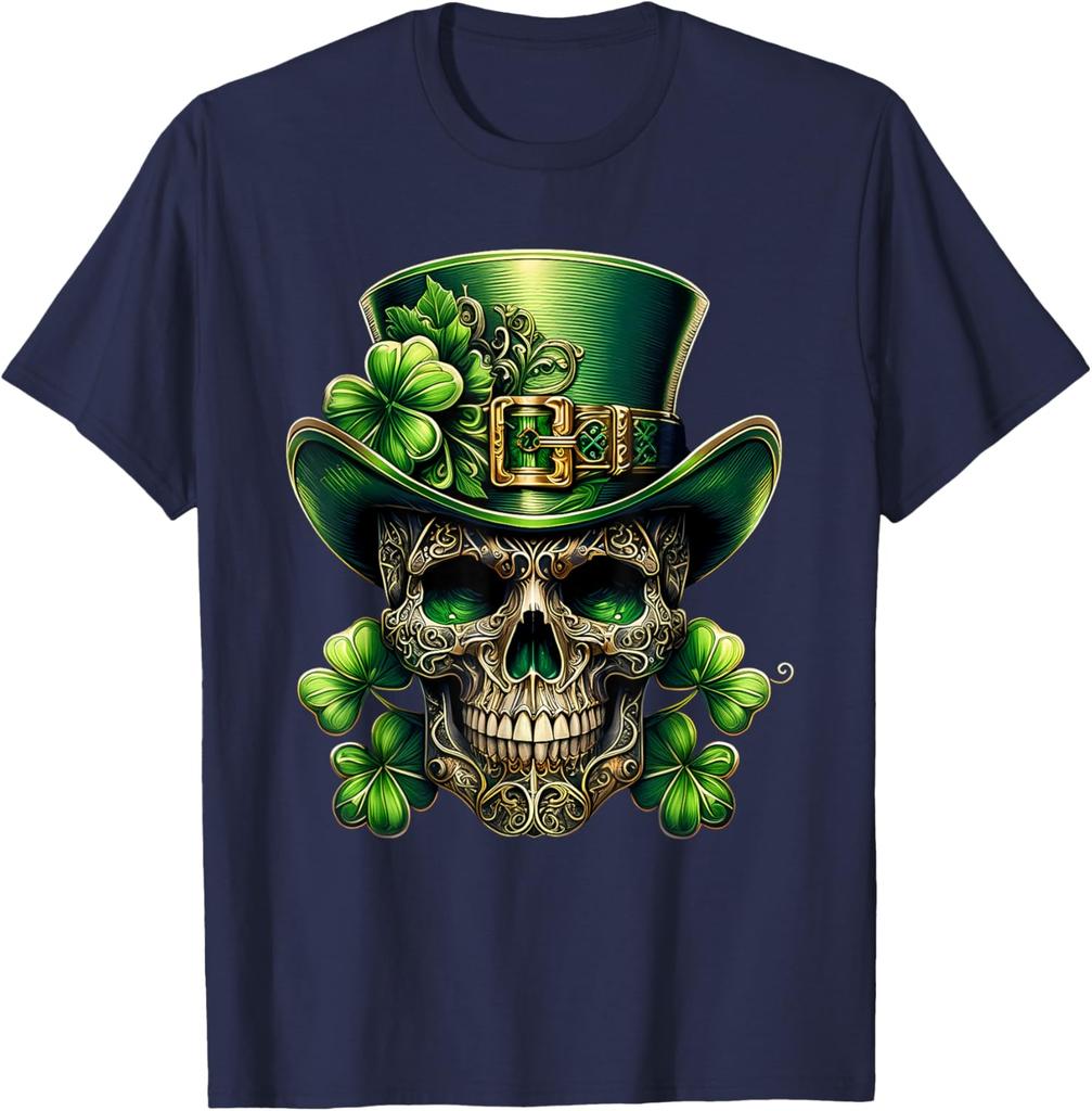 Leprechaun Skull St Patrick Day Shamrock Graphic Print Men's Cotton T-Shirt Daily Wear