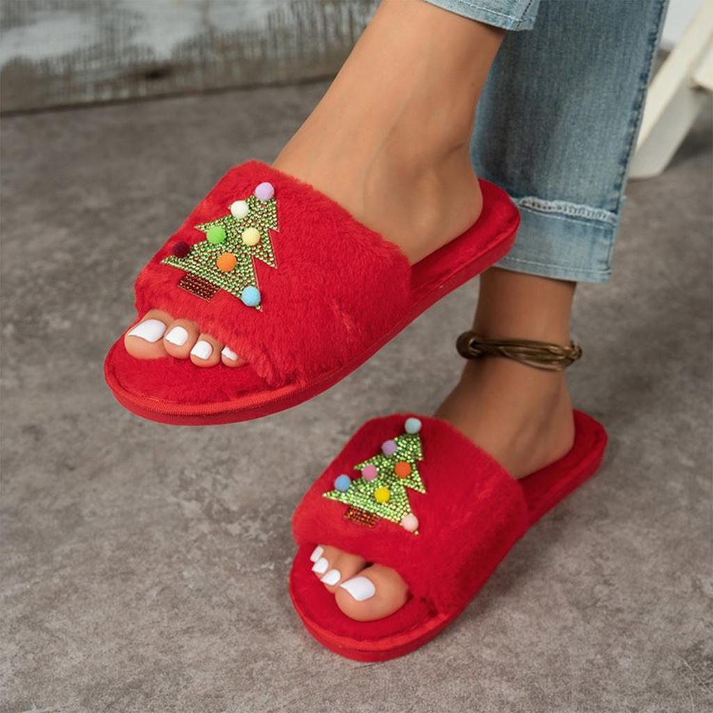 Women's Christmas Open Toe Plush House Slippers for Indoor Winter