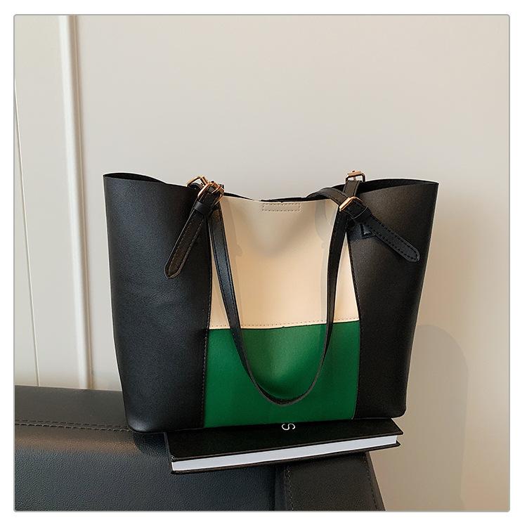 Retro simple atmosphere women's summer new large-capacity splicing shoulder portable tote bag