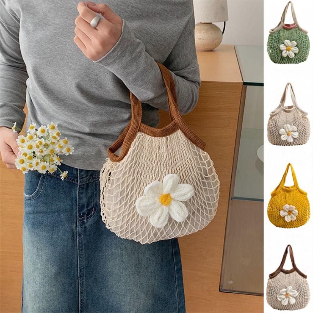 Large Capacity Hollow Out Weave Bag Flower Nylon Mesh Tote Bag Foldable Woven Handbag Shopping Bag