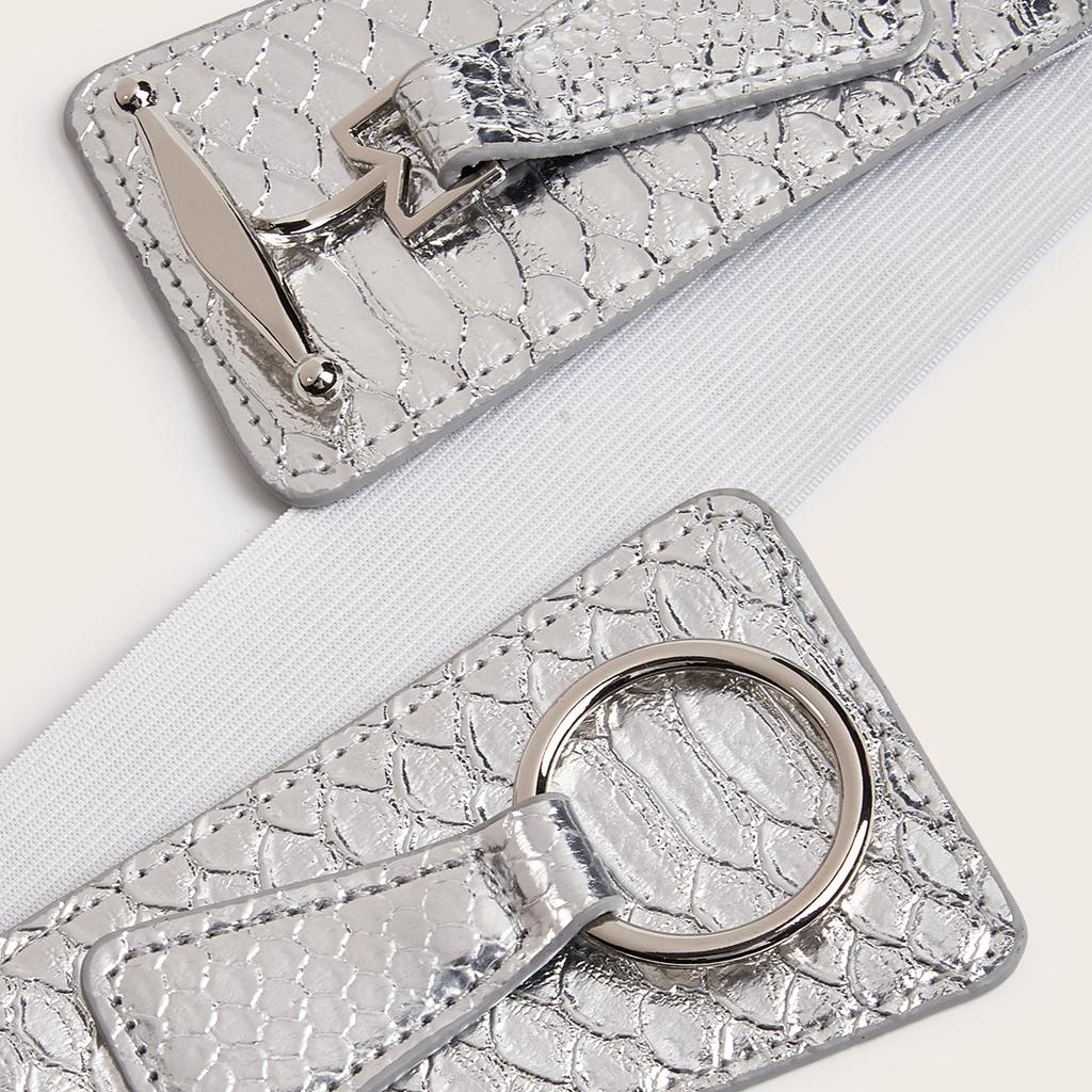 Damen Stretchgürtel Elegant Breites Korsett Dekorativ Glitzernd Metallic Kunstleder Elastischer Taillengürtel mit Legierungsschnalle