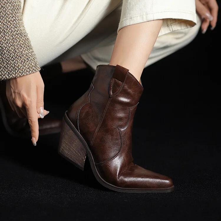 Fashion NEW Autumn Women Boots Split Leather Shoes for Women Pointed Toe Chunky Heel Shoes Slip-on Ankle Boots Retro Black Western Boots