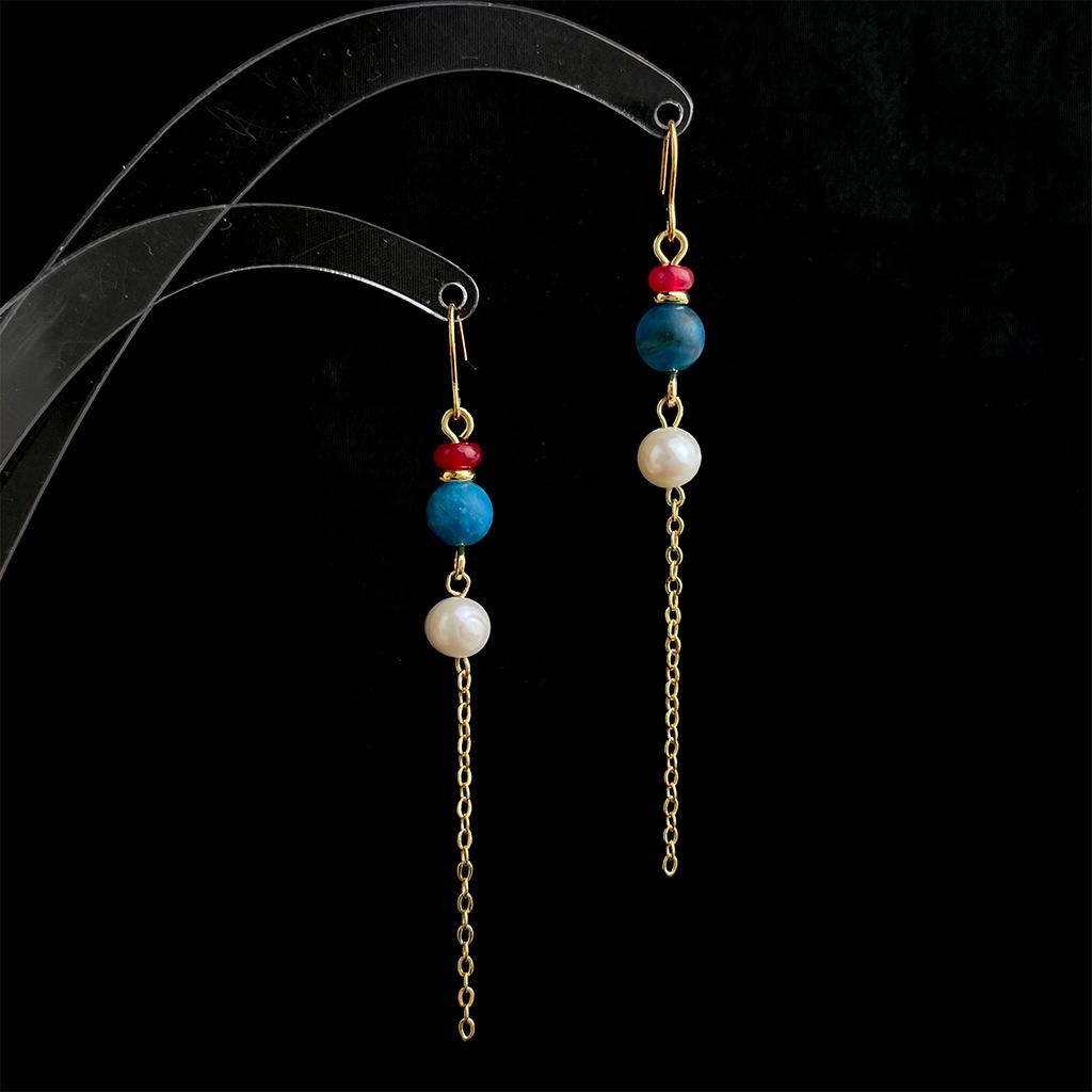 Boucles d'oreilles à pampilles en perles d'eau douce et aigue-marine faites à la main: Style Chinois Rétro Long Design Littéraire
