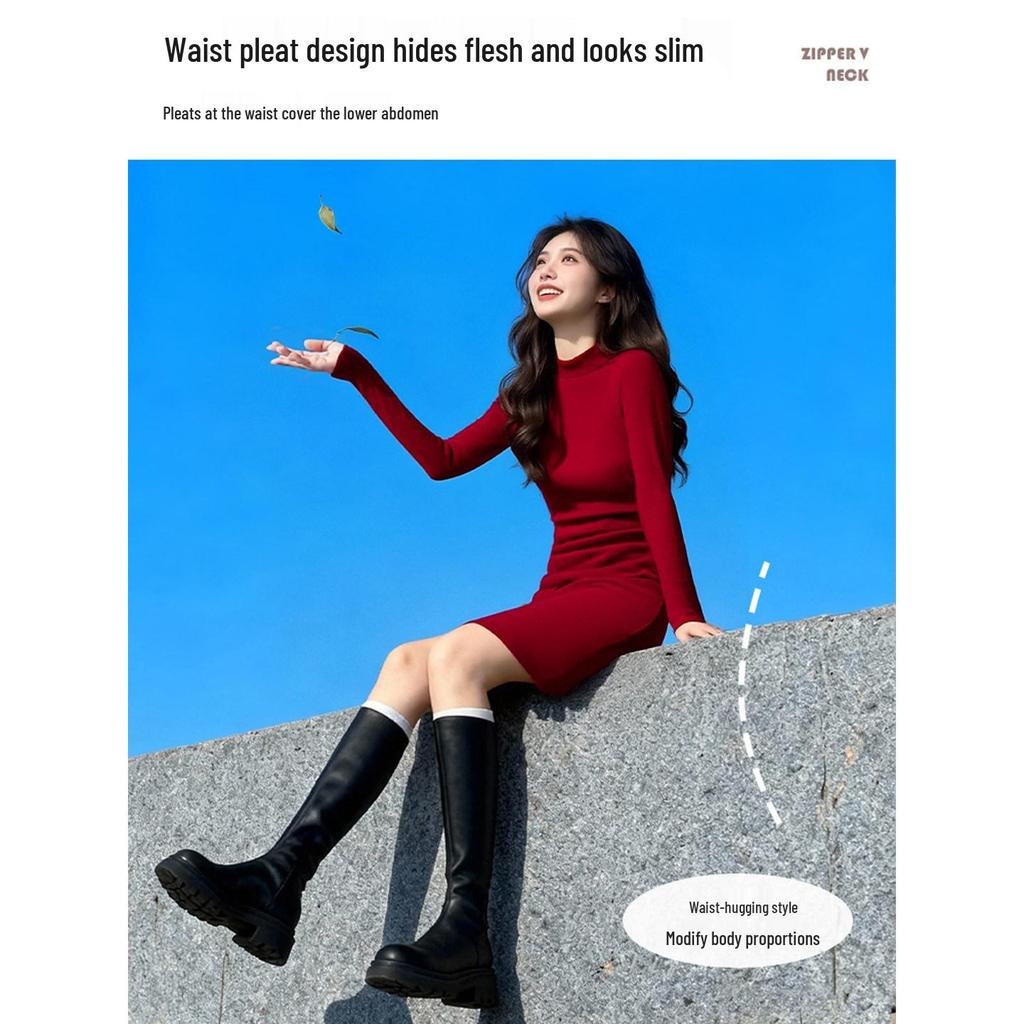Roter Bodycon-Rock für Damen - Herbst/Winter 2026 Schlankes Strickkleid für Neujahr