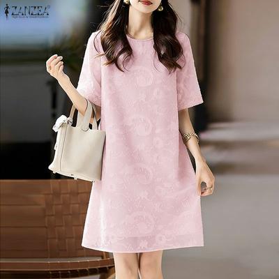 Women Casual Round Neck Short Sleeve Summer Subtle Patterned Dress
