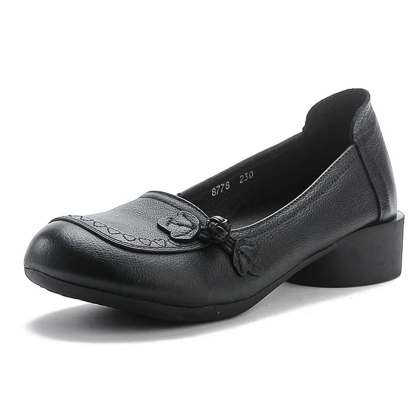 Comfort Soft Cowhide Women's Shoes Retro Ethnic Style Shoes Genuine Leather Single Shoes Square Heeled Autumn Loafers Female