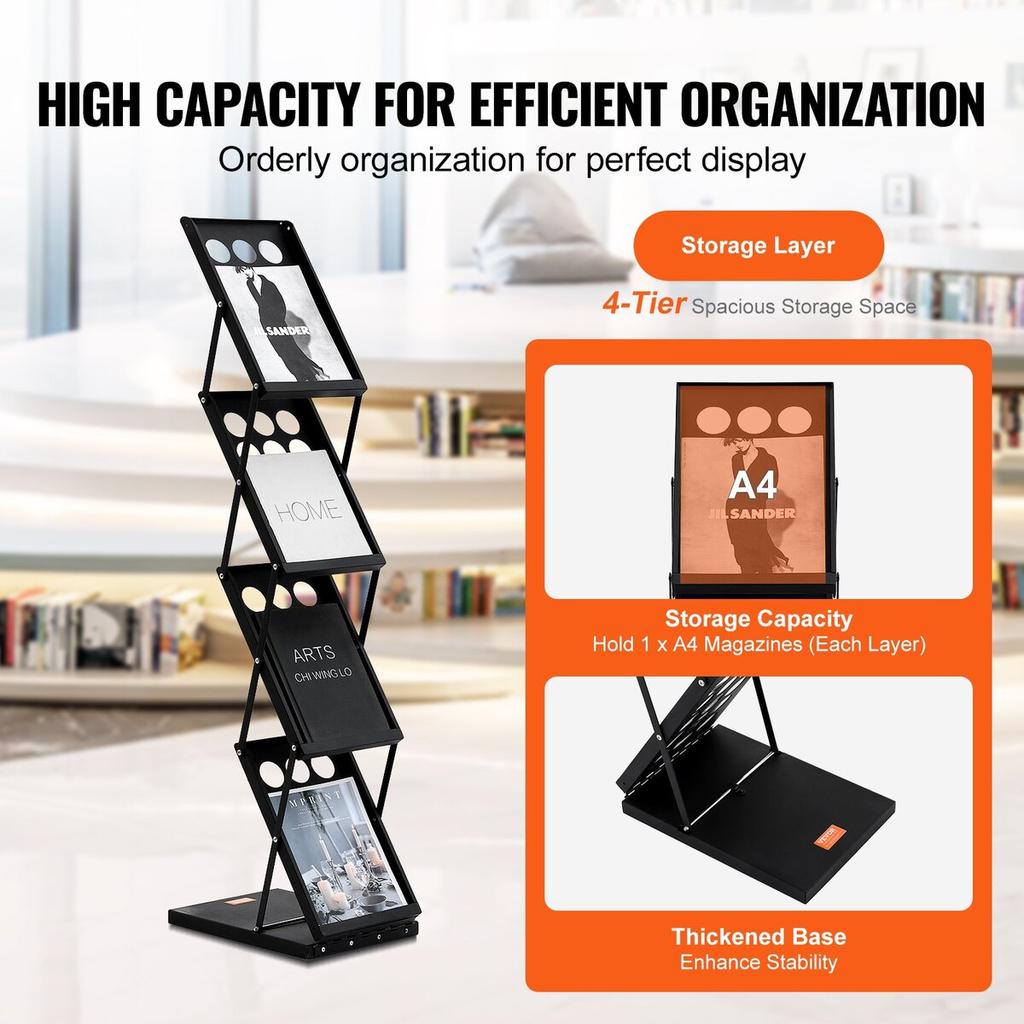 Foldable Magazine Display Rack 4 Pocket Brochure Literature Display Stand