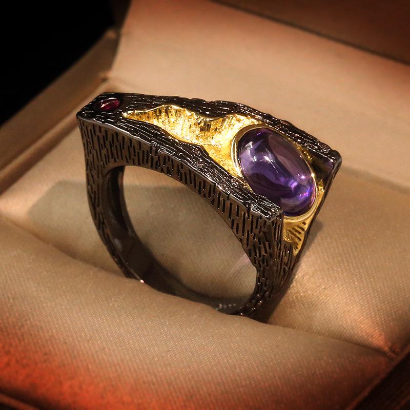 Vintage Chinese Style Lotus Leaf Series Natural Amethyst Lucky Closed Design Ring For Women Wedding Party Engagement Ring