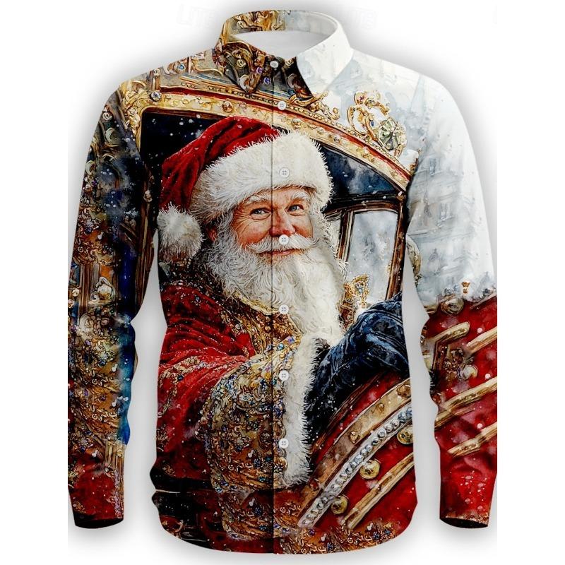 Christmas Santa Claus Casual Men's Button Up Shirt Long Sleeve Christmas theme Shirt Collar Button Up 3D Print Thin Polyester