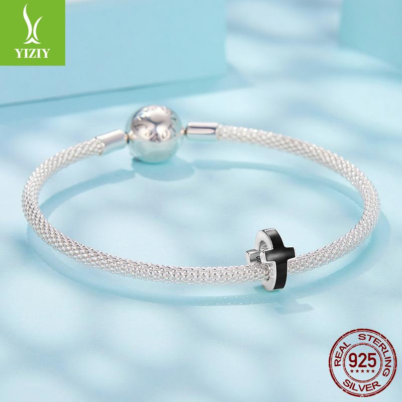 S925 Sterling Silver Black Cross Beads Loose Beads, Personalized Trend Diy Bracelet Beads