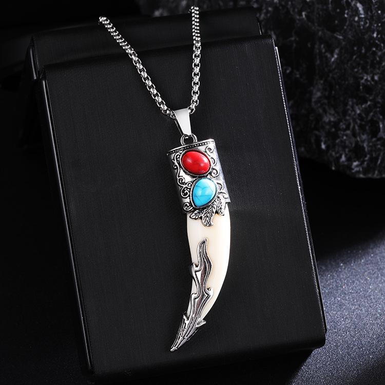 Herren Retro Wolfszahn Anhänger Halskette - Edelstahl Hip Hop Pullover Kette