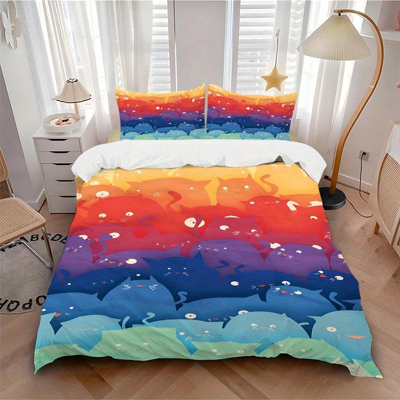 

3pcs Cat Rainbow Bedding Cover Set, Fashion Classic Popular Print Bedding Set, Soft Comfortable, All - Season Use, For Bedroom, Guest Room123 135x200cm