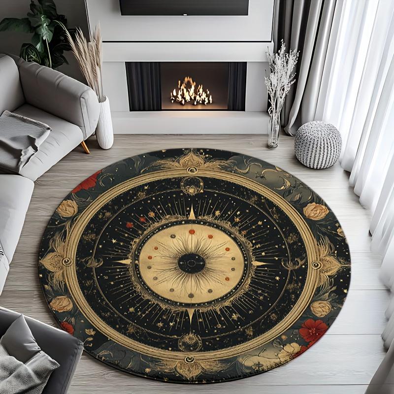 Astrology Mandala Round Rug Flannel Printed Carpet Cosmic Design Home Decor Cozy Soft Floor Mat Living Room Indoor Use