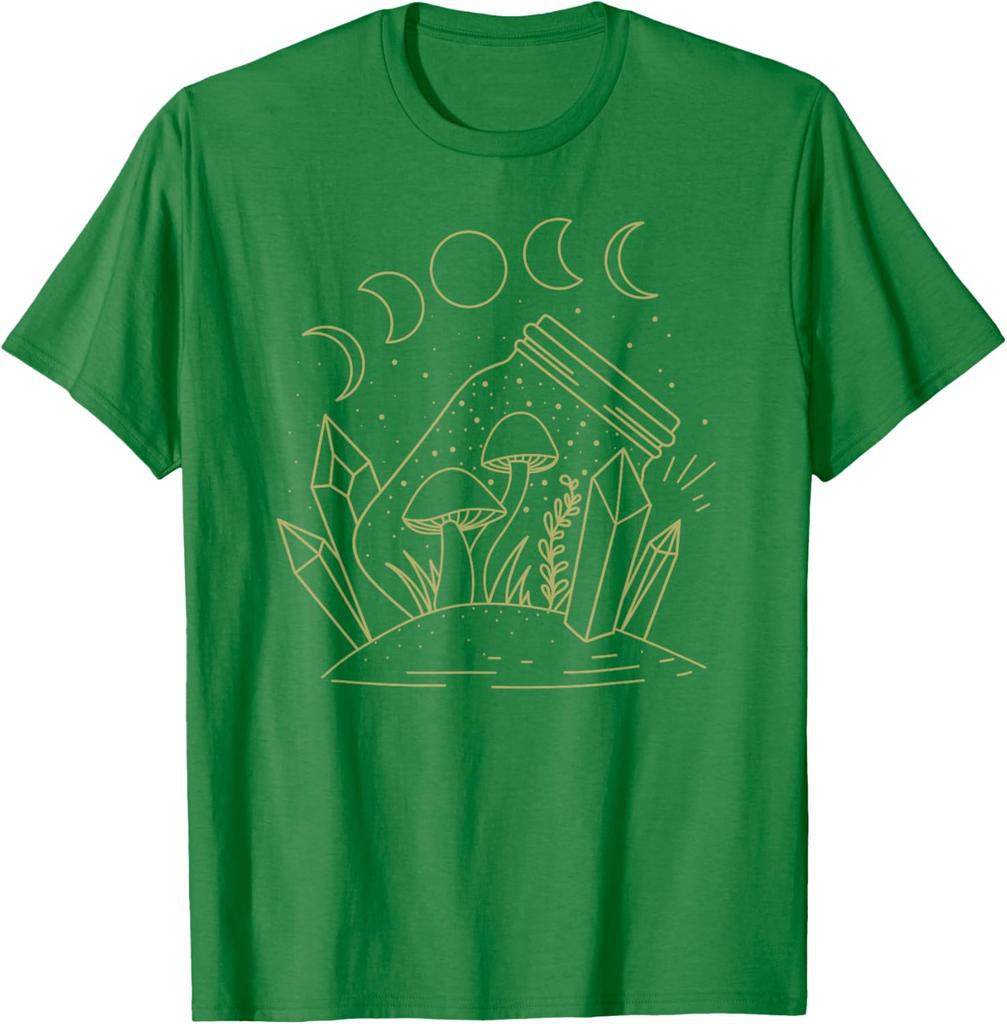 Mushroom Moon Jar Witchcraft Celestial Graphic Tee Cottagecore Casual Cotton T-Shirt
