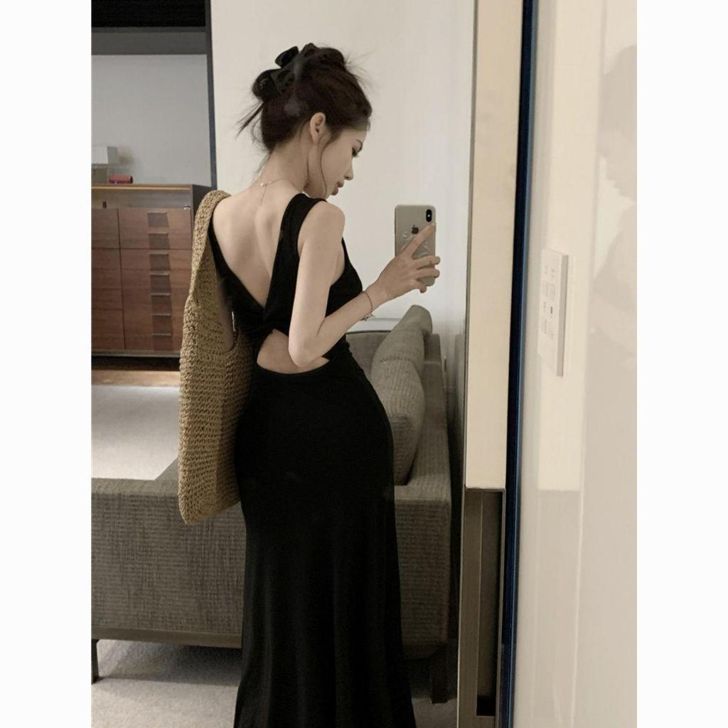 Black Summer Backless Spaghetti Strap Maxi Bodycon Dress