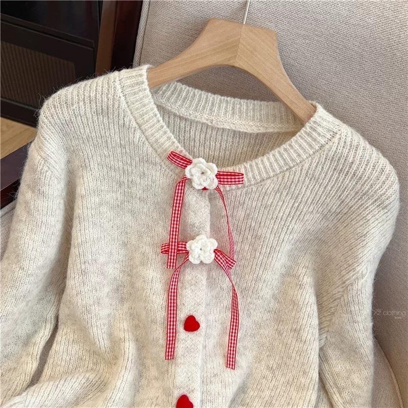 Women Korean Sweet Style Bowknot Knit Cardigan With Lace Trim And Heart Buttons Autumn Winter