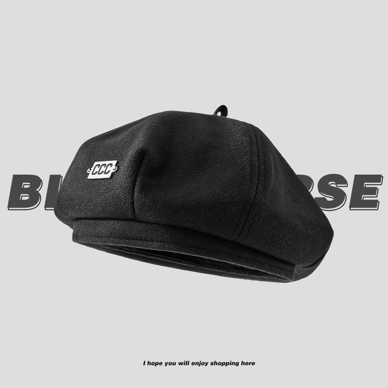 Autumn and winter new metal standard beret children big head circumference show face small reverse wear woolen forward hat painter hat