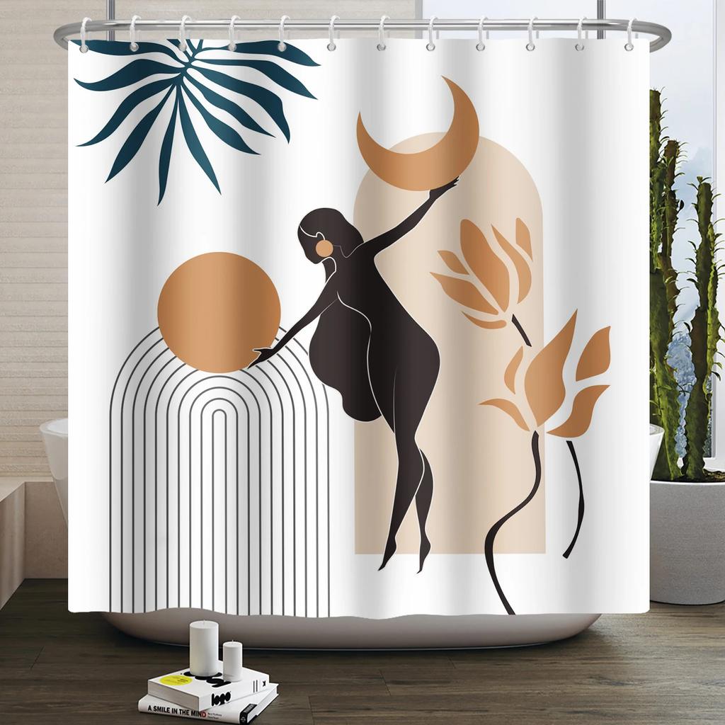 Nordic Wind Boho Shower Curtain for Bathroom Abstract Mid Century Modern Minimalist Geometric Arch Beige Bohemian Bath Curtain