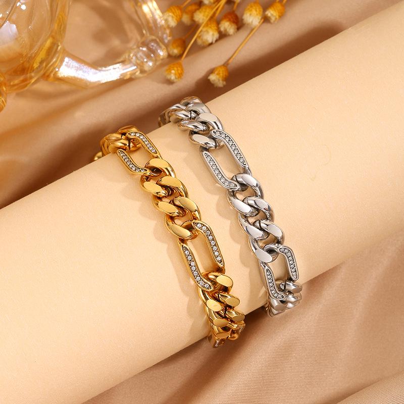 18K Gold Plated Women's Titanium Steel Cuban Chain Bracelet with Diamond Inlay - Luxurious European & American Fashion