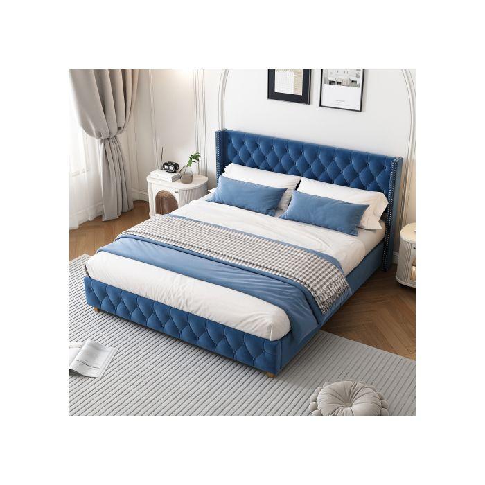 Pat capitonat 160x200 cm - Catifea albastră - Somieră cu lamele - Tăblie cu capse - Picioare din lemn masiv
