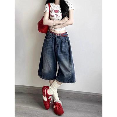 Women's High-Waist A-Line Denim Capri Shorts - Plus Size, Retro, Slimming, Wide-Leg, Summer Wear