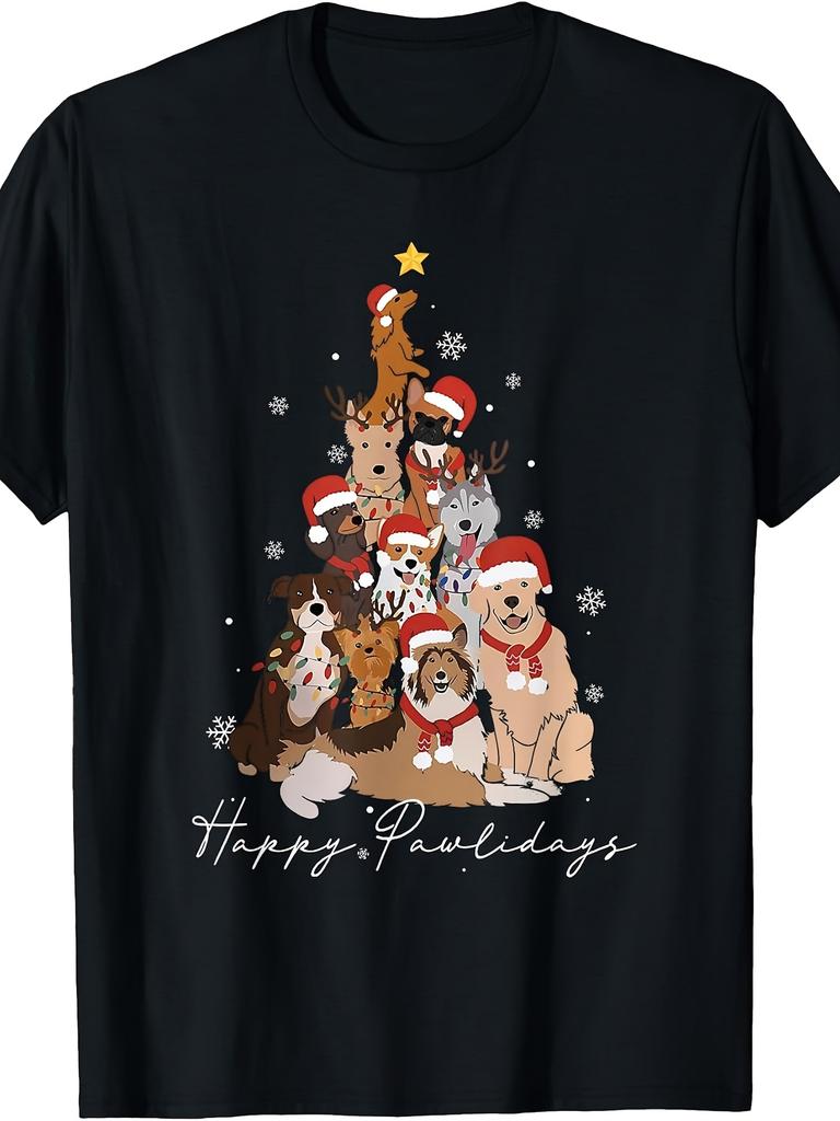 Cute Christmas, Dog Lover T-Shirt, Happy Pawlidays Puppy Tree Design, Holiday Party Gift