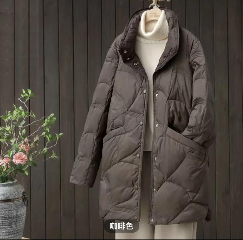 Autumn Winter White Keep Warm Medium Long Women Ultra Lightweight Stand Collar Down Jackets Female Office Korean Coat