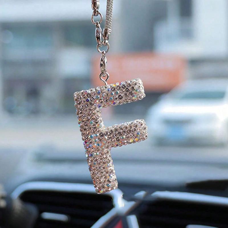 1pc Rhinestone A-Z Letter Car Rearview Mirror Pendant, Car Interior Decor