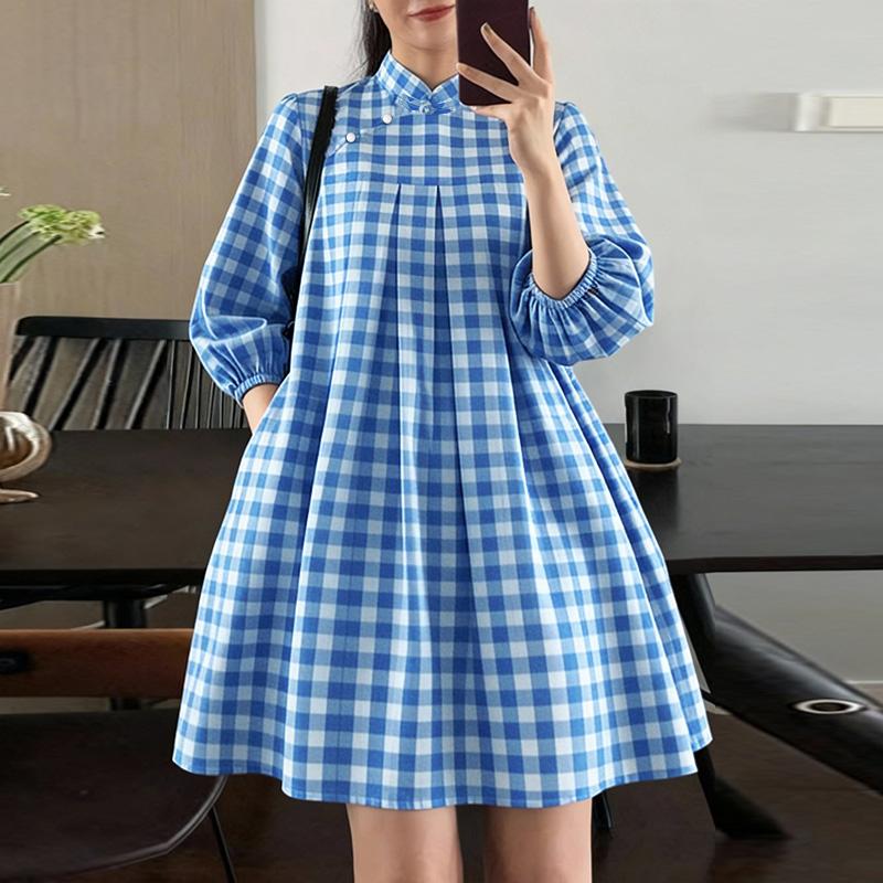 ZANZEA Women Casual Stand Collar 3/4 Sleeve Grid Print A-line Dress M синий
