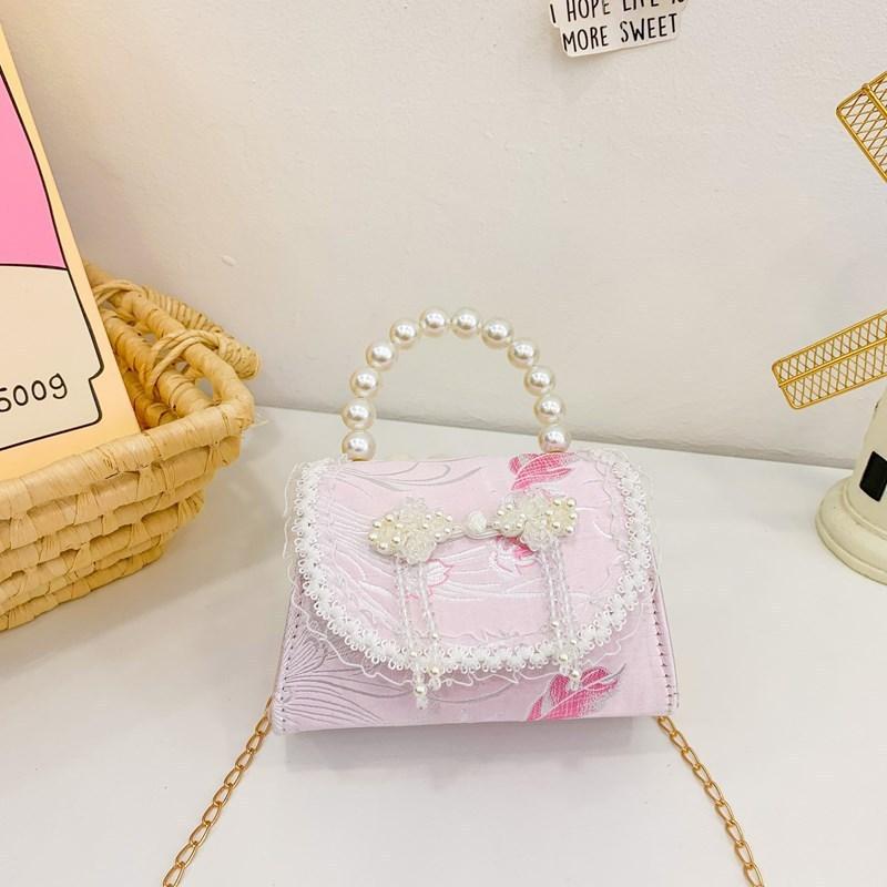 Childrens Cute Princess Crossbody Bag With Artificial Pearl Decoration And Embroidery Design For Daily Use