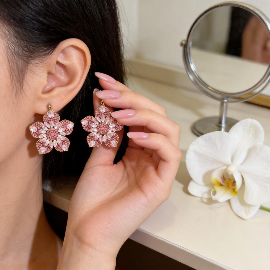 Summer Flower Design Alloy Earrings For Women With Zirconia Sparkle
