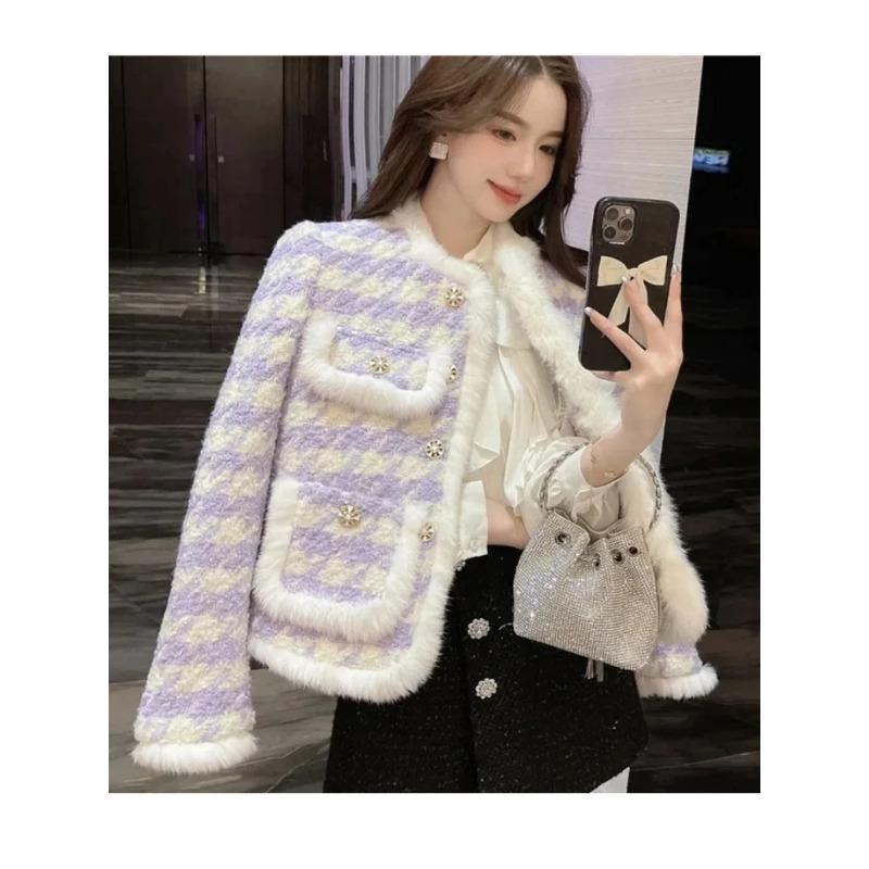 Cotton Coat Thicken Short Jacket Autumn Winter Aesthetic Clothing Imitation Mink Fur Coat Checkered Suit Fashion Commuter Style