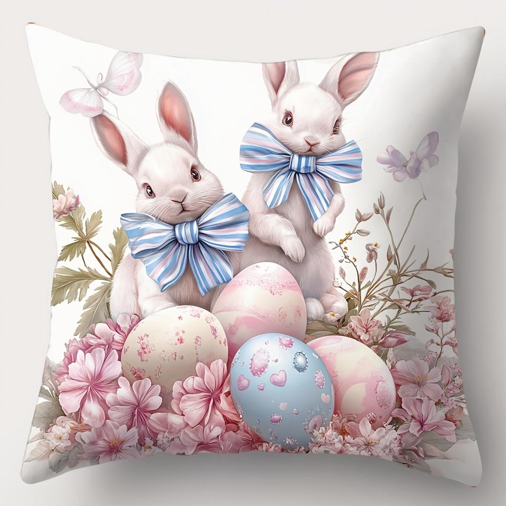 Short Plush Material Pillowcasehappy Easter Decoration Pillowcase Home Room Decoration Bowknot Rabbit Truck Egg Print Living Roo