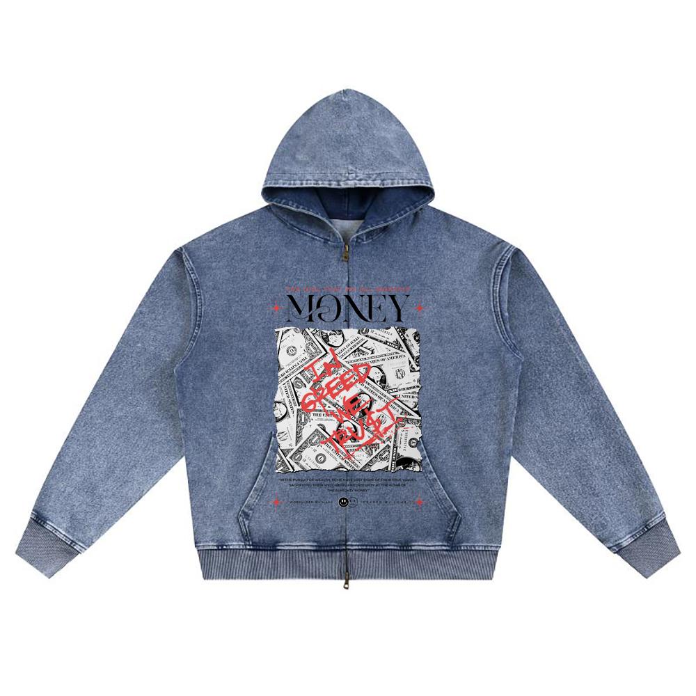DTG Print Knitted Denim Zip-Up Hoodie Money Brother Print Zipper Hoodies