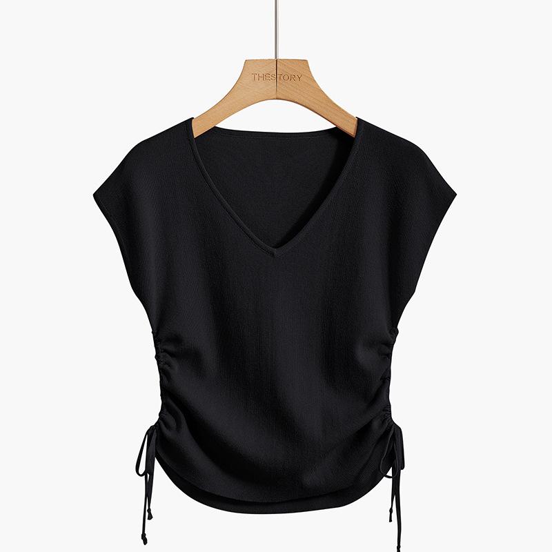 Französischer Eis-Seiden-Strickpullover Damen Sommer Neu V-Ausschnitt Kordelzug Figurbetont Dünnes T-Shirt Ärmelloses Top